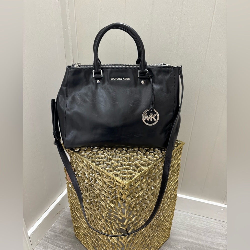 Michael Kors Black Leather Tote with Silver Charm